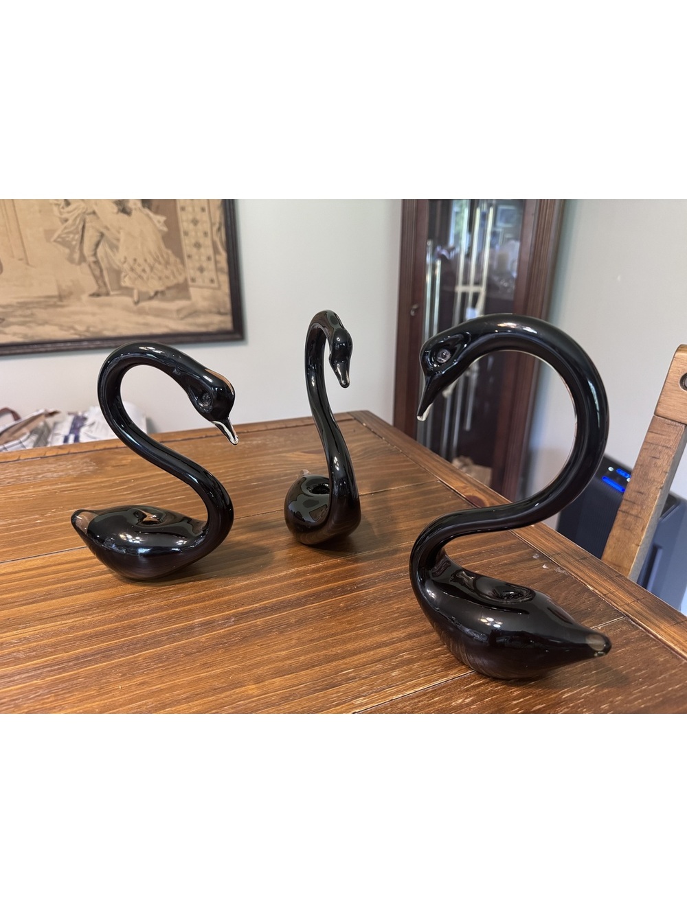 Set of 3 Black Art Glass Swan Bud Vases Hand Blown Murano Style Decorative Birds